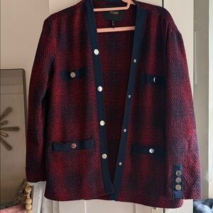 Maje Burgundy and Navy Tweed Cardigan Sz 38